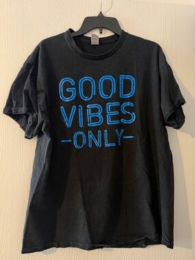 Black T-Shirt with Blue "Good Vibes Only" Print